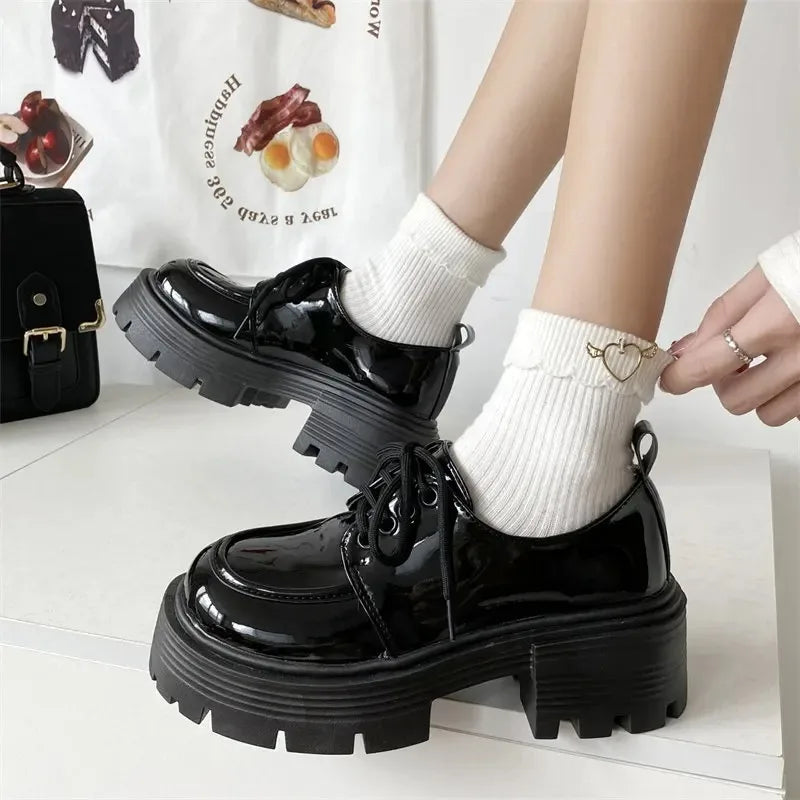 Chunky Platform Oxfords Shoes for Women 2025 spring Non Slip Lace Up Flats Woman Thick Bottom Patent Leather Gothic Shoes