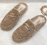Winter Warm Plush Mules Women One Band Fur Slippers Cozy Cotton Shoes Woman Flats Cover Toe Fleeces Slides Femme Wool Pantuflas