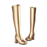 Ochanmeb Size 32-48 Women Golden Thigh High Boots Full Zipper Thick High-heeled Round Toe Silver Overknees Boots Red White Shoes