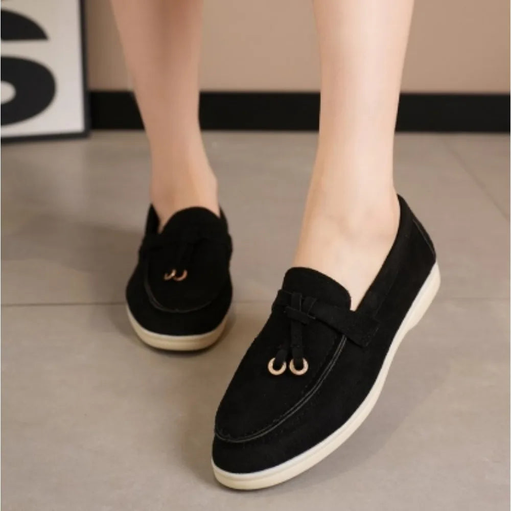 New Casual Flat Bottom Mules Lock Tassel Loafers Fashion Women Single Shoes Brand Metal Buckle Slipper Comfortable Slip on Shoes