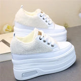 10CM 12CM Genuine Leather Casual Chunky Sneakers Plush Wedge Platform Wedge Winter Fashion Autumn Spring Women Shoes Vulcanize