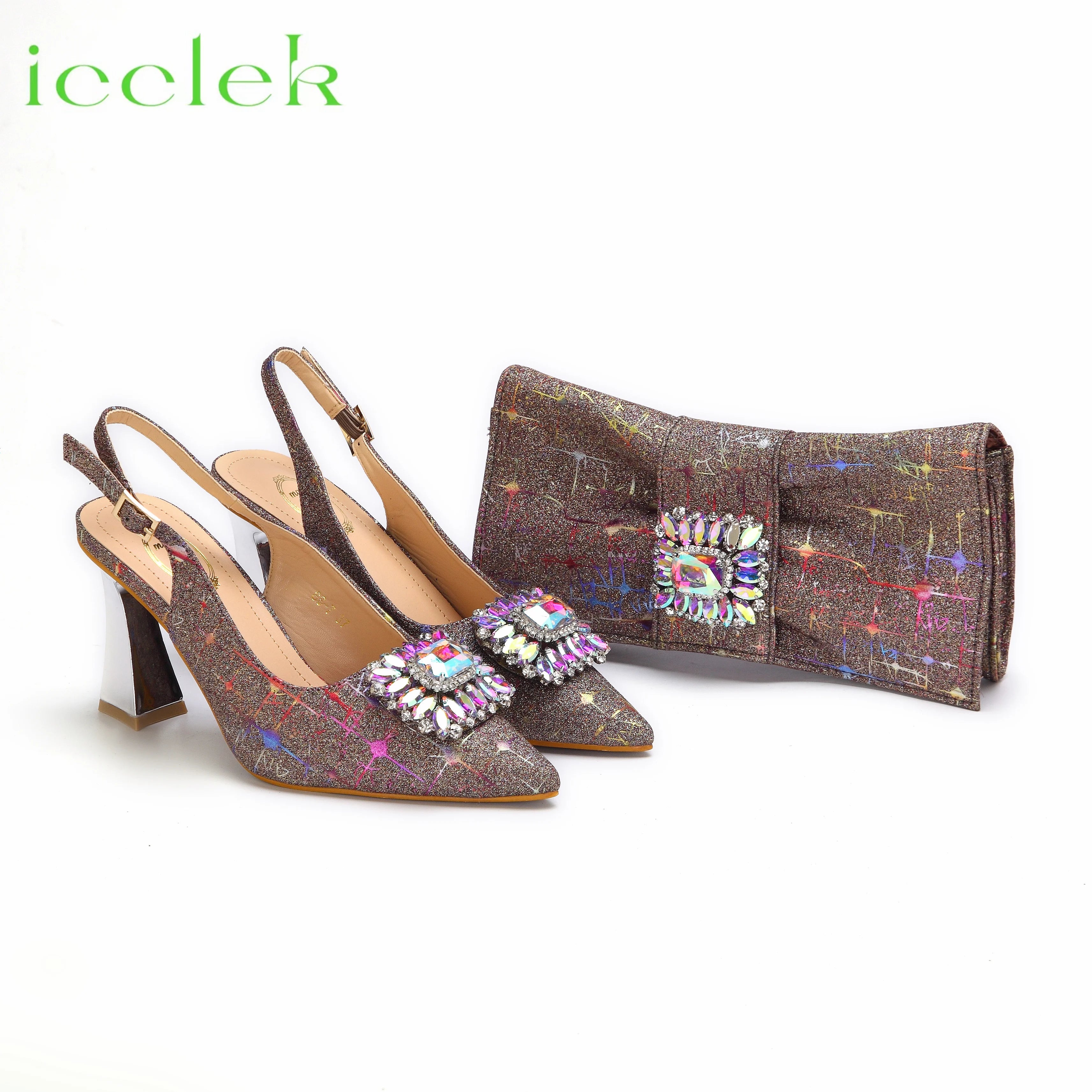 Women High Heels Sandals Shinning Material with Rhinestone Italian Design T.Blue Color Pointed Toe Shoes and Bags Set