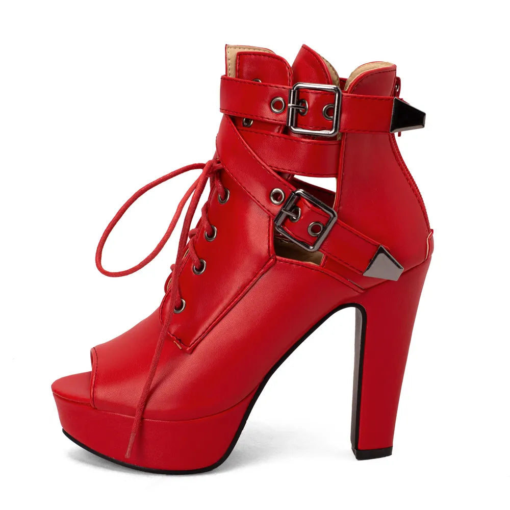 Red Yellow White Women Peep Toe Ankle Boots Platform Lace Up High Heels Female Buckle Autumn Winter Sexy Men Shoes Large Size
