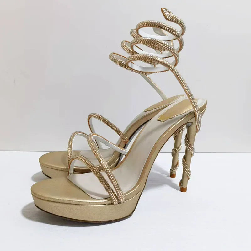 Summer Platform Sandals Woman Rhinestone Ankle Snake Twine Around Wedding Shoes Women High Heels Gladiator Sandals Women