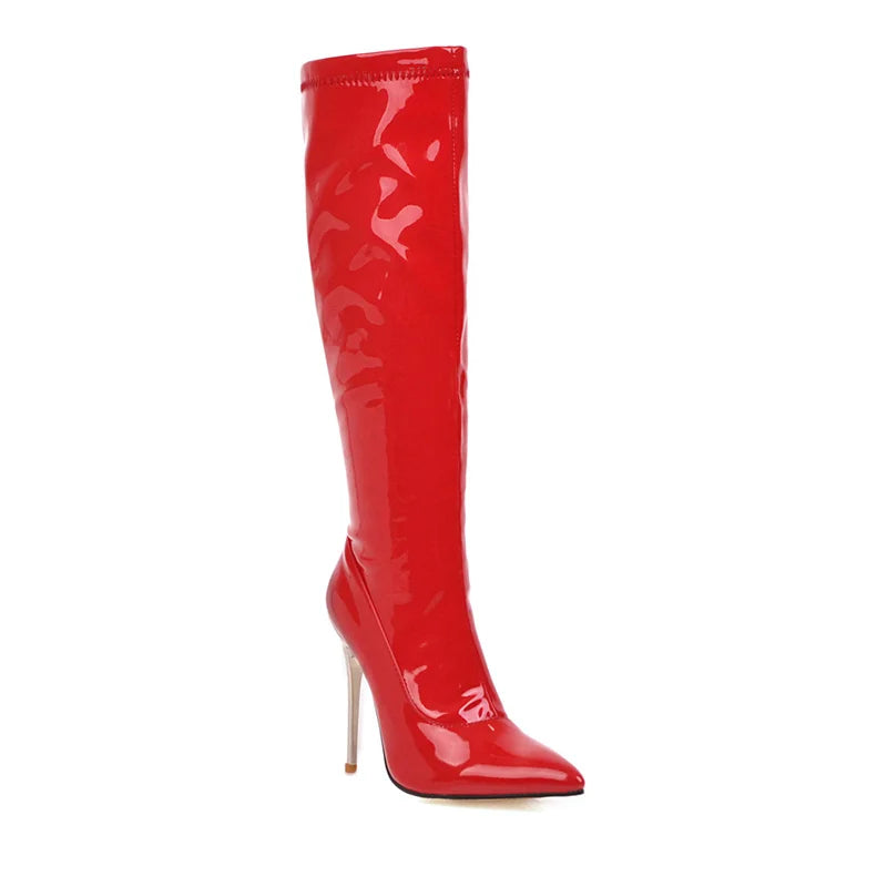 Women's Knee High Boots Winter Autumn Red White Thin Heels High Boot For Women Patent Leather Long Fetish Shoes Lady Large Size