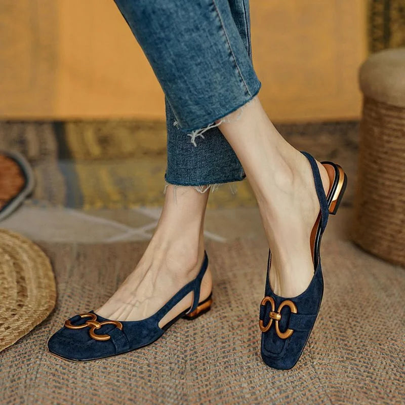 Retro Low-heeled Baotou Sandals Women's 2023 Summer New Slingback Suede Office Ladies Shoes Sandal Slip on Woman Flats
