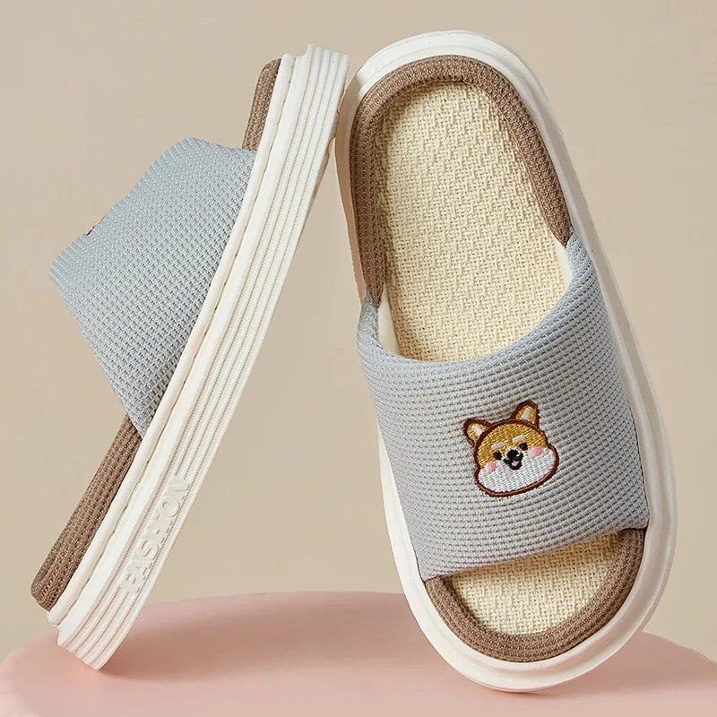 Platform Slippers Women Home Cartoon Animals Cute Designer Shoes Girls 2024 New Casual House Linen Slides Flats Indoor Open Toe