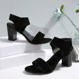 Women's Fashion High Heel Sandals, Black, Chunky Heel, Wide Strap, Magic Tape Closure, Breathable Fabric, Faux Leather Lining, R