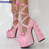 Plateau-Satinschleife, süße Mädchen-Sandalen, Sommer, runde Zehenpartie, Spitze, dicke High Heels, Ins-Stil, Lolita-Tanz, einfarbig, Party-Sandalen