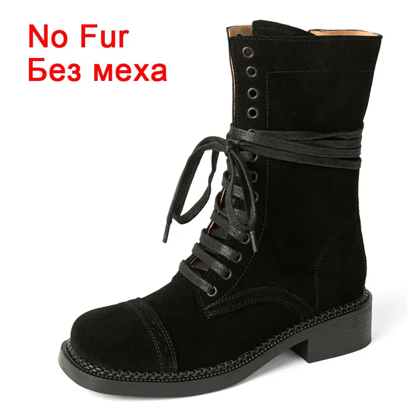 JOZHAMTA Size 34-42 Women Ankle High Boots Genuine Leather Lace-Up Thick Heels Shoes Fall Winter Platform Chelsea Short Booties