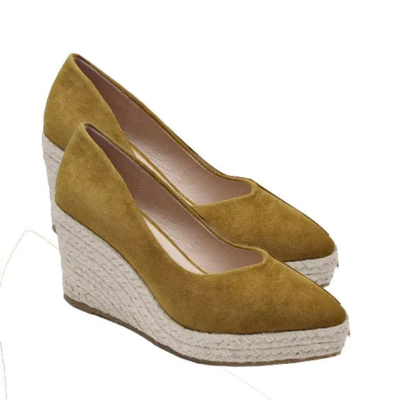 LIHUAMAO Suede wedge shoes women pumps pointed toe high heels platform espadrilles shoes same as princess
