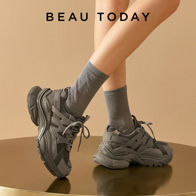 BeauToday Platform Sneakers Women Mesh Solid Color Breathable Trainers Lace-up Round Toe Thick Sole Ladies Shoes Handmade 29462