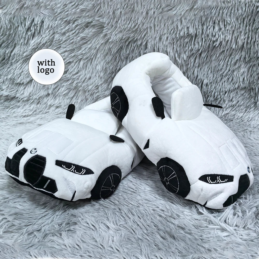 Highland Cow Car Shape Plush Shoes White CAR Racing Plush Slippers Winter Warm Soft Creative Indoor House Slipper Adults Shoe