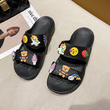 Women Summer Casual Slides Comfortable Flax Slippers Striped Cartoon Flip Flops Platform Sandals Ladies Outdoor Shoes
