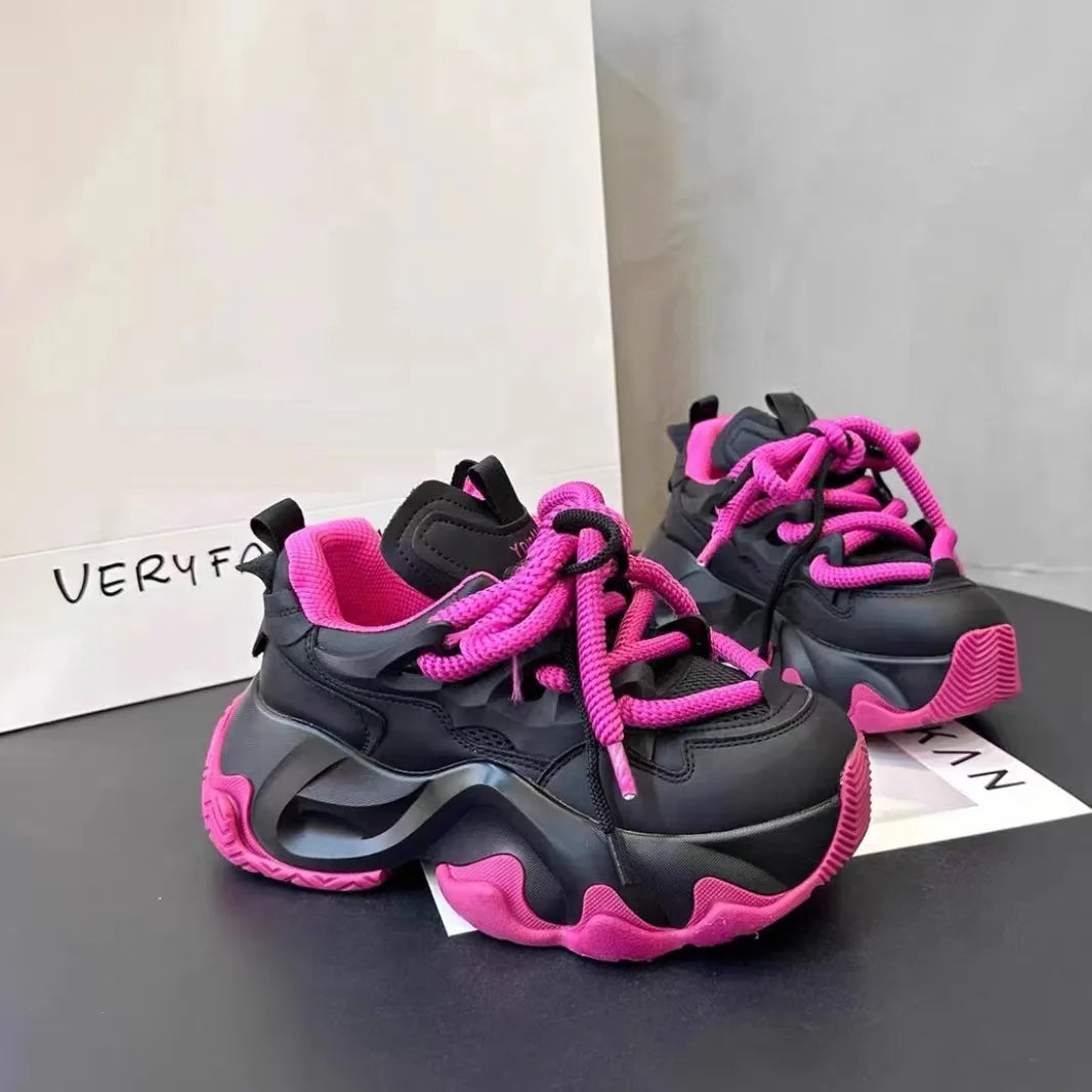 Black Platform Women's Sneakers 2024 Spring Lace-Up Thick Bottom Vulcanize Shoes Woman Pu Leather Breathable Sports Shoes Ladies