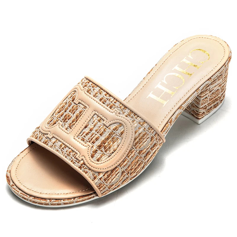 CH middle heel square heel slippers fabric fashion casual shoes luxury brand slippers girls street commuter slippers