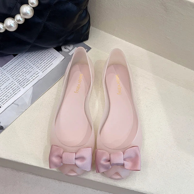 sweet bowknot jelly shoes woman flats candy color peep toe summer ballerina shoes waterproof transparent loafers for women