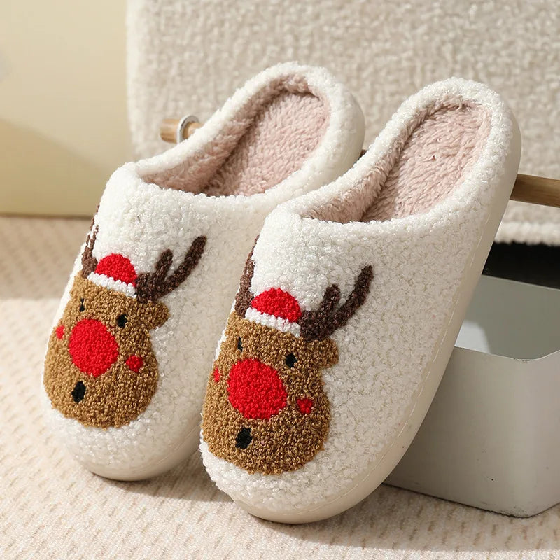 New Winter Christmas Sandals Adult Warm Indoor Bedroom Slippers Women Comfortable Non-slip Slides Men Home Soft Plush Flip Flops