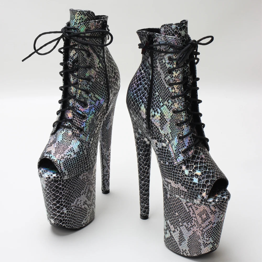 8 Inch (200mm) Heel, 4 Inch (100mm) Platform Lace-Up Front Pole Dancing Ankle Boot With Hologtaphic Serpentine Print Upper
