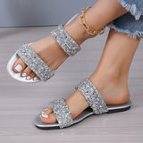 2024 Summer Fashion New Sexy Casual Comfortable Solid Color Crystal Sandals Round Toe Flat Heel Slippers Outdoor Mujer
