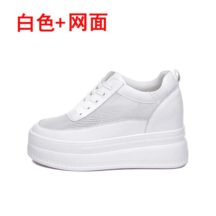 Genuine Leather Women Platform Air Mesh Hollow Sneakers Spring Casual Vulcanized Wedge Shoes Ladies Thick Bottom Court Sneakers