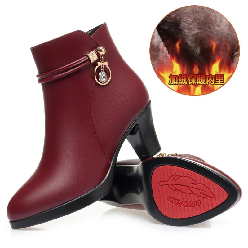 Autumn Winter New High-heeled  Women's Thick-heeled Short Ankle Boots Versatile Non-slip High Heel Warm Plush Snow Boots