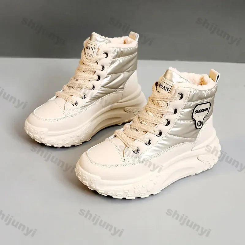 Women Causal Sneakers Female Winter Fashion New Warm Thick Sole Increase Cotton Shoes Lace Up Thick Soled Non-slip Sports Shoes