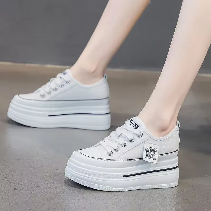2025 New Woman Platform Sneakers Wedge Shoes Female 8cm Height Increasing Ladies Breathable Cloth Casual Shoes Canvas Shoes