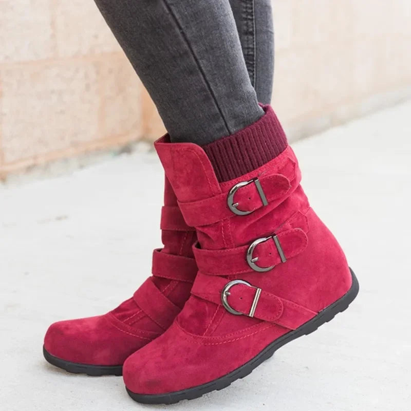 Shoes for Women Warm Snow Boots Flat Plush Casual Ladies Shoes Autumn Buckle Female Mid-calf Boots Plus Size 35-43 Boots Women