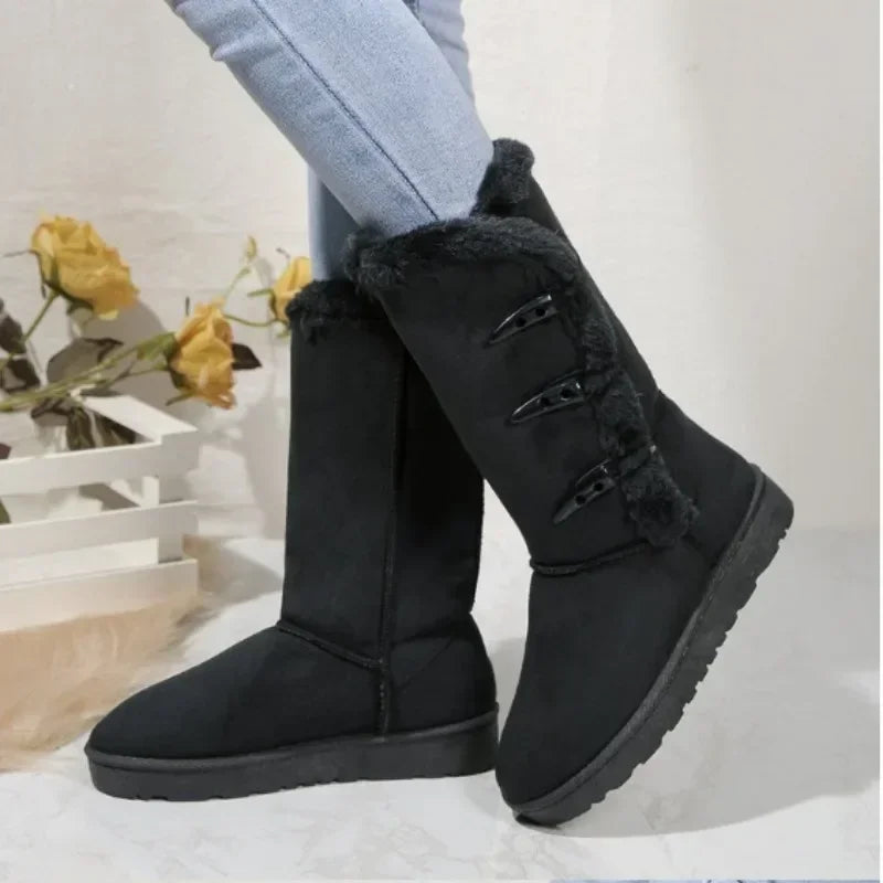 Women Snow Boots Winter Mid-calf Boots Warm Cotton Shoes Fashion Solid Color Button Ladies Brown Long Boots Plus Size 41