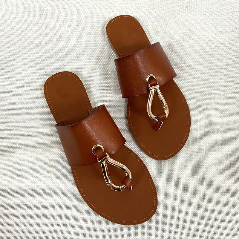 Women Leather Summer Sandals Shoes Retro design Thin Straps Open Toe Beach Slides Flat with Plus Size 41 Female Footwear