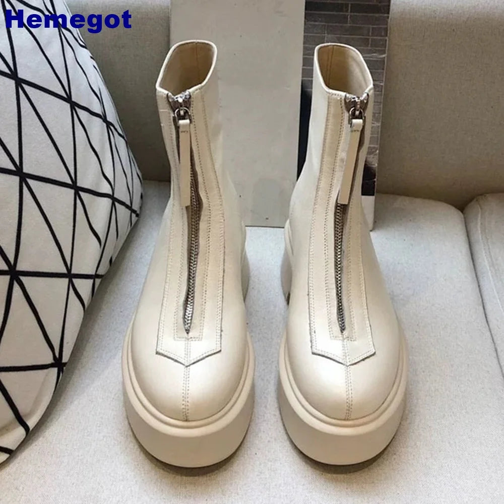 Genuine Leather British Style Short Boots 2024 Spring Outdoor Casual Office Round Toe Zip Thick Sole Boots Fashion Womens Boots