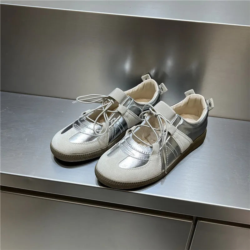 2024 Women Spring Summer New Soft Leather Korea Y2k Designer Casual Ballet Sports Athletic Training Flat Sneakers Female Shoes