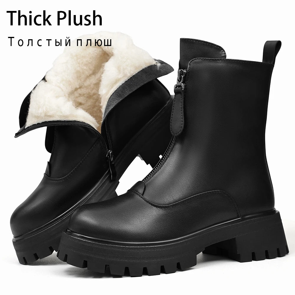 RIZABINA Ankle Boots Real Leather Winter Thick Plush Zipper Chunky Heel Women's Booties Ladies Fashion Non-slip Platform Shoes
