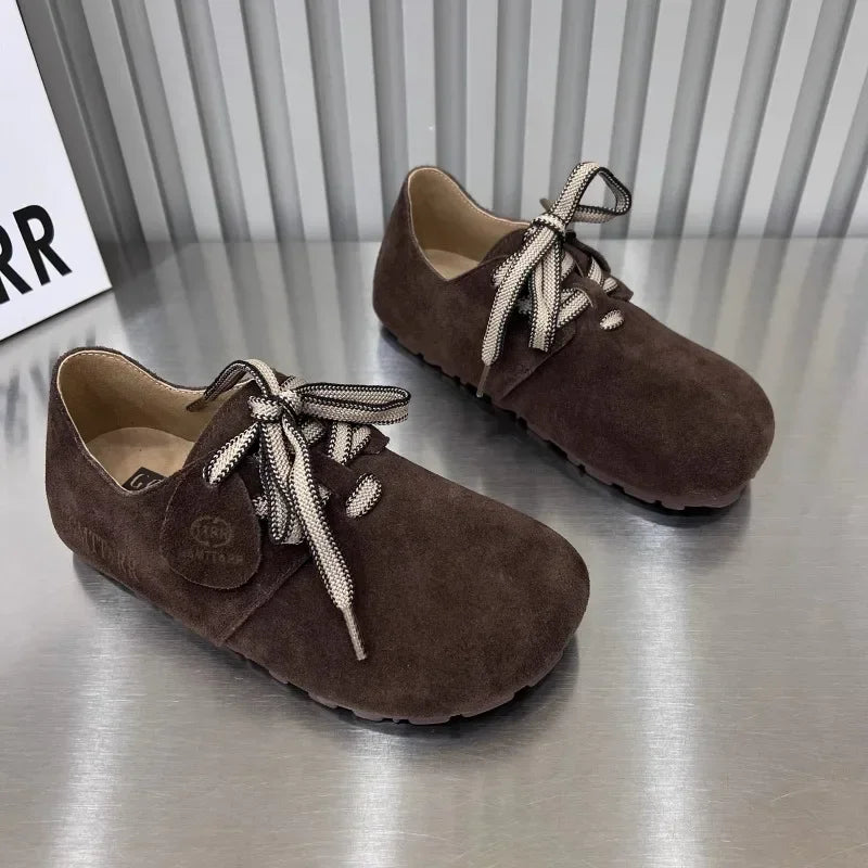 Retro flat lace-up big head woman 2024 spring and autumn puff shoes match flat casual women's single shoes