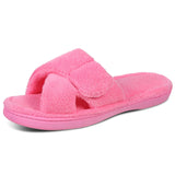 Comwarm Women Furry Slippers Soft Sloe Open Toe Memory Foam Non-slip House Plush Slippers Adjustable Terry Cloth Indoor Sandals