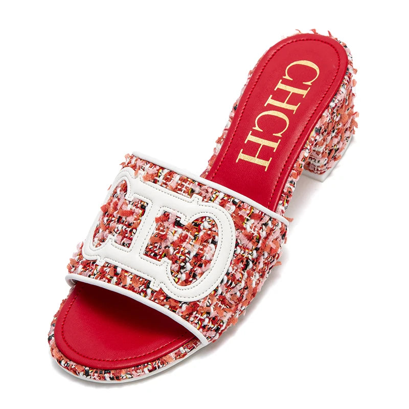 CH middle heel square heel slippers fabric fashion casual shoes luxury brand slippers girls street commuter slippers