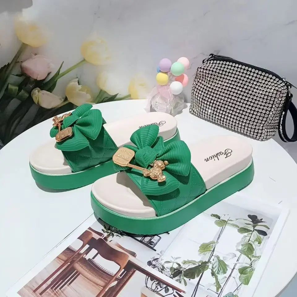 New Fashion Bowknot Women's Slippers Summer Women Slippers Indoor Outdoor Green Flip Flops Beach Shoe Home Non-slip EVA Slippers