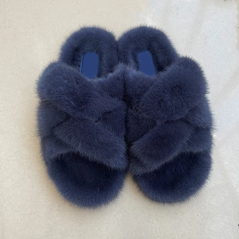 Women's Fur Slippers Women Luxury Designer Resort Fashion 100% Mink Leather Slippers Ladies Fur Shoes Flat Summer Fur Slides