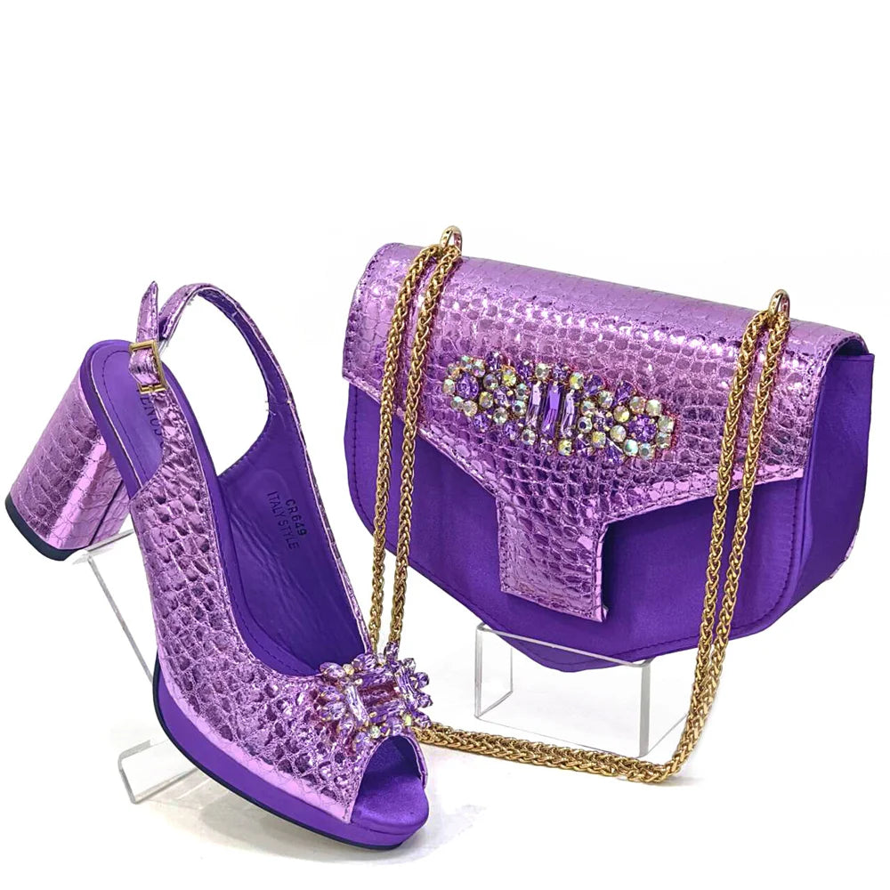 Venus Chan Gold Color Nigeria Fashion Rhinestone-encrusted Ladies Party Shoes And Special Bag High Heels Wedding Handbag