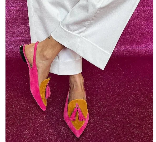 New Summer Color Block Women's Shoes 40-43 Large Pointed Tassel Low Heel Back Air Sandals High Heels Womens Shoes