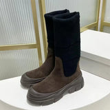 Luxury Thick Sole Motorcycle Boots Women Round Toe Flat Platform Shoes Women Cow Suede Patchwork Knit Mid Calf Boots Woman