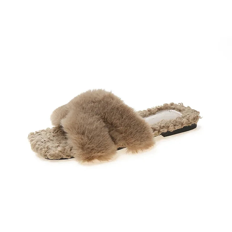 Fur Women Slippers Designer Autumn Winter Open Toe Wool Comfort Warm Shoes Fashion Flat Casual Outdoor Leisure Dress Slippers