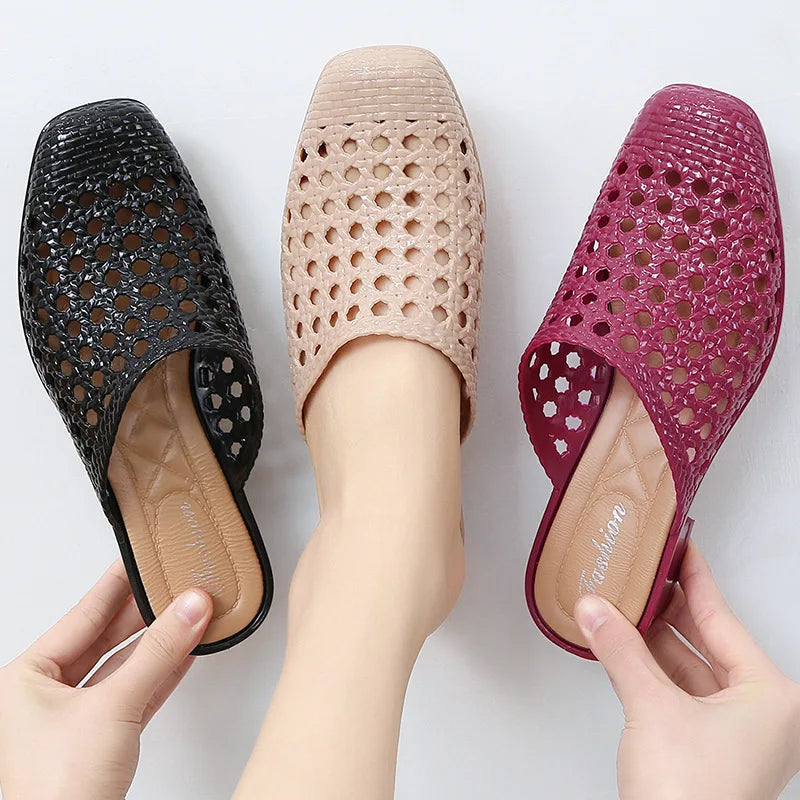 Women Summer Shoes  Offer Casual Slip-on Square Toe Medium Heel Slippers Sandals Woman Beach Shoes Zapatos De Mujer