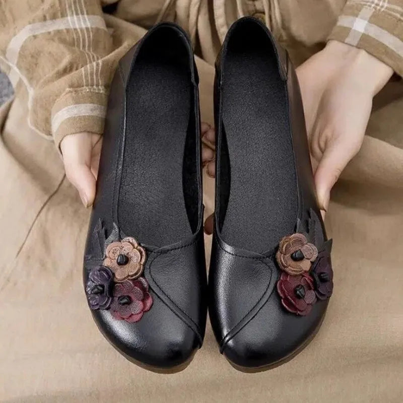 2023 Vintage Floral Ballet Flats Women's Genuine Leather Shallow Shoes Mom Driving Loafers Ladies Retro Cozy Moccasins Sneakers