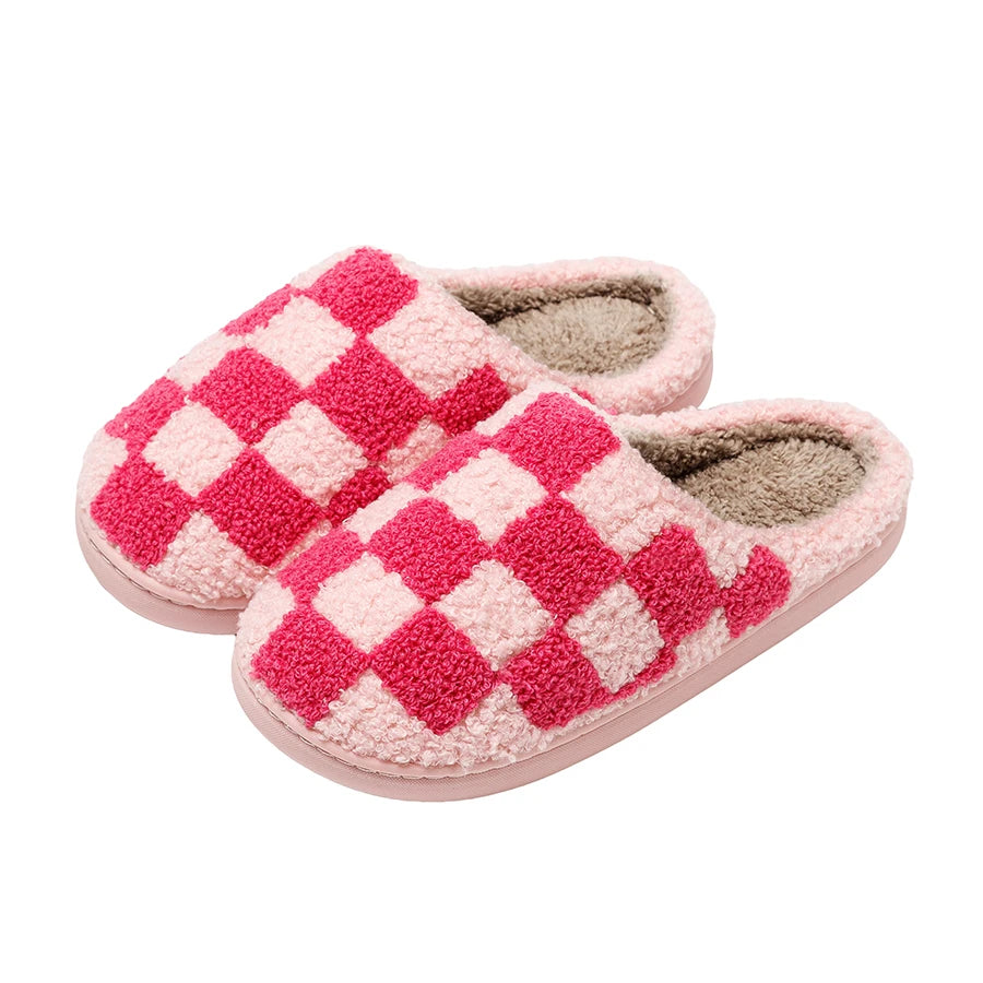 Retro Checkered Plush Slippers for Women Fuzzy Checker Cozy Winter Indoor Comfort Fluffy Breathable Cushion Slides Soft Shoes