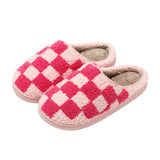 Retro Checkered Plush Slippers for Women Fuzzy Checker Cozy Winter Indoor Comfort Fluffy Breathable Cushion Slides Soft Shoes