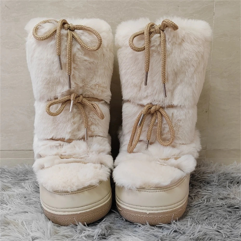 2024 Winter Boots Women Ankle Ski Boots Brand Design Platform Waterproof Lace-up Fur Boots Woman Fluffy Furry Fox Fur Snow Boots