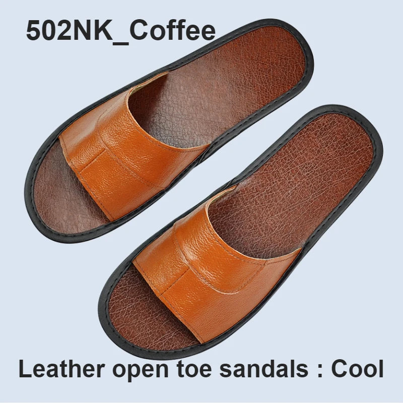 Genuine Cow Leather Slippers Homes in indoor slipper summer men women elderly non-slip cool sandals casual single Slides shoes