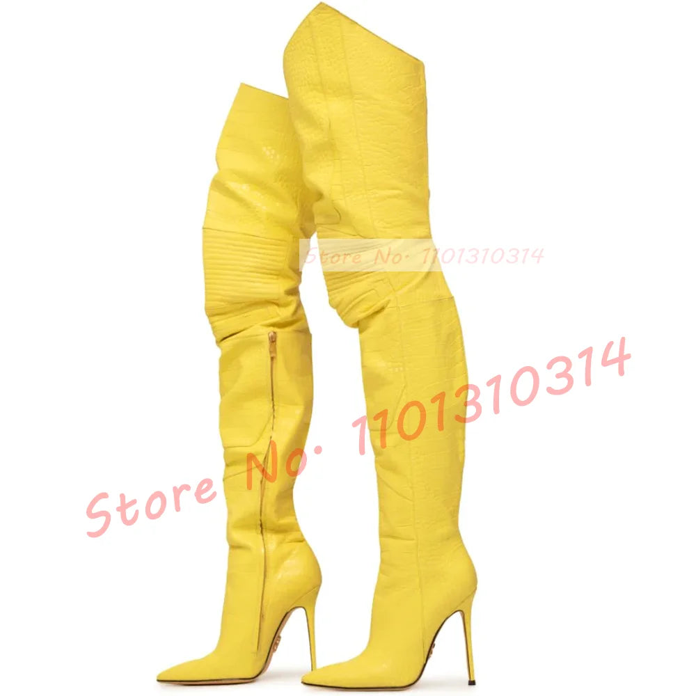 Yellow Croc Pattern Long Boots Women Sexy Trend High Heels Over Knee Shoes Summer Leather Splicing Luxury Pointy Fashion Boots